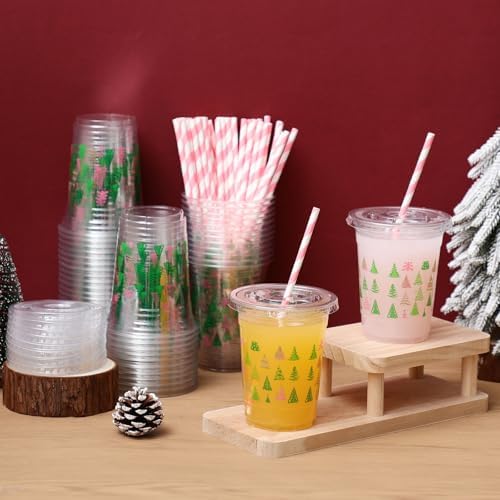 Funnymoom 50 Sets Christmas Disposable Plastic Cups Bulk with Lids Straws 16 oz Pink Green Xmas Tree Plastic Cups Cold Beverage Drinking Container for Xmas Holiday Juice Hot Cold Drinks