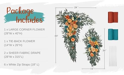 Wedding Arch Flowers with Drapes Kit (Pack of 4) - 2pcs Artificial Teal Orange Fall Deluxe Swag with 2pcs Sheer Drapes for Wedding Ceremony Arbor Reception Backdrop Rose Floral Decoration