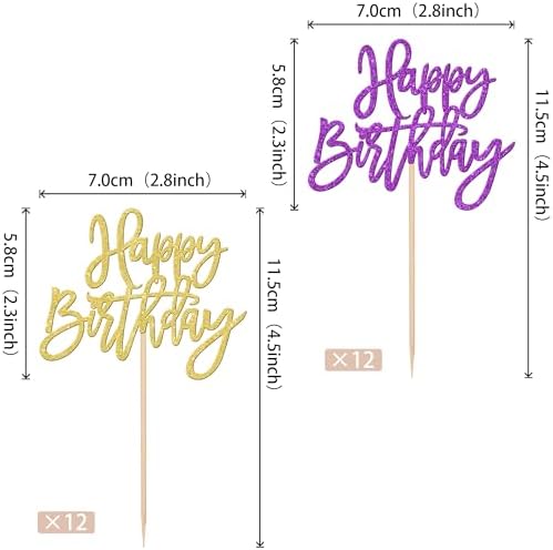 24 PCS Happy Birthday Cupcake Toppers Glitter Happy Birthday Cupcake Picks for Celebrating Anniversary Theme Party Cake Decorations Supplies Gold Purple