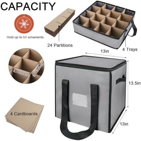 Christmas Ornament Storage Box with Dividers, Holds 64 Balls, Gray