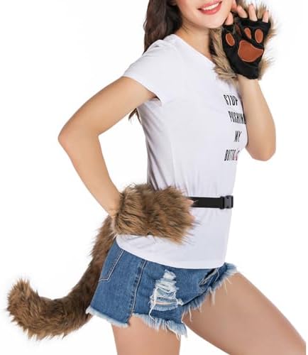 Adolala Faux Fur Fox Tail Cat Wolf Set Plush Mask Fluffy Paw Gloves Halloween Christmas Party for Women