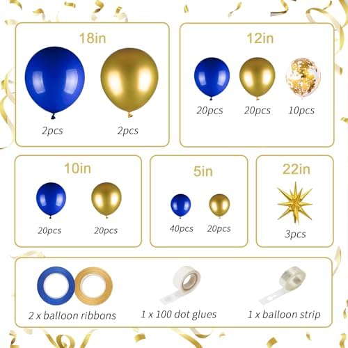 156 Pack 18" 12" 10" 5" Royal Blue and Gold Balloons Garland Arch Kit