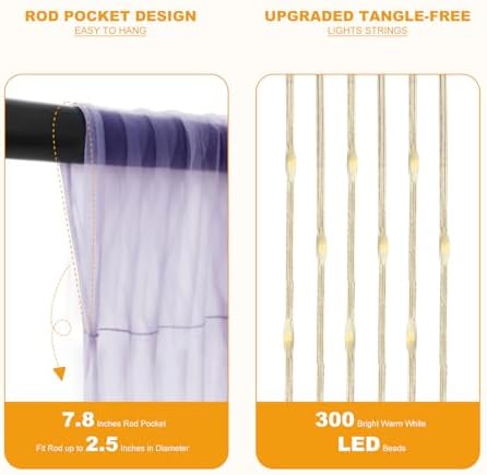 Tulle Curtain Backdrop with 300 LED Fairy Lights for Parites Wrinkle-Free Sheer Curtain Drapes Photo Back Drop for Wedding Baby Shower Bridal Shower Birthday Home Décor - 10ft×10ft, Lavender