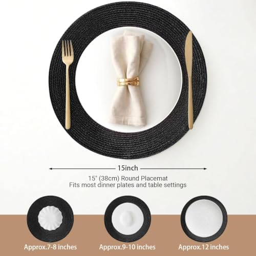 FunWheat Round Braided Placemats Set of 12 Place Mats for Dining Table Woven Washable Non-Slip Table Mats 15 Inch(Black,12pcs)