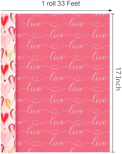 MAYPLUSS Pink Wrapping Paper, Heart Gift Wrap Paper Roll Reversible Love for Girl Women Anniversaries, Wedding Shower, Engagement, Romantic Celebration, Mothers Day, 17IN x 33FT
