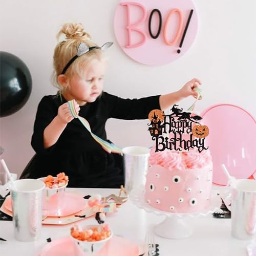 1 Pack Halloween Happy Birthday Cake Topper Glitter Witch Leg Haunted House Pumpkin Cake Pick for Halloween Themed Cupcake Decoration Birthday Party Supplies