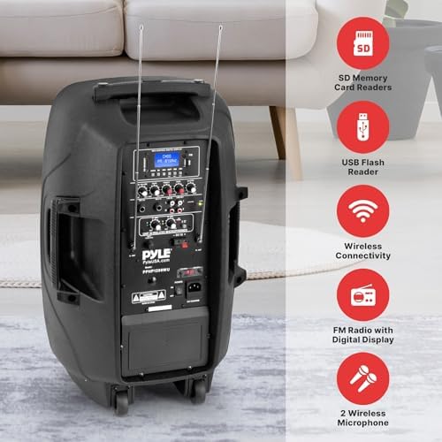 Pyle Portable Bluetooth PA Speaker System - 1000W Wireless Karaoke Loudspeaker with 12” Subwoofer, USB/SD/MP3/FM - Includes Dual UHF Mics, Remote, Rolling Wheels - Ideal for Parties, Events, Outdoors