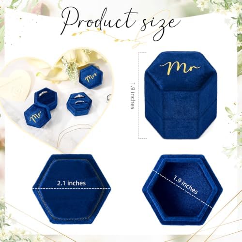 Mr & Mrs Velvet Wedding Ring Box 2 Slots Cursive Hexagon Jewelry Ring Box for Wedding Day Ceremony Bridal Photography Gift Set of 2 (Sapphire Blue)