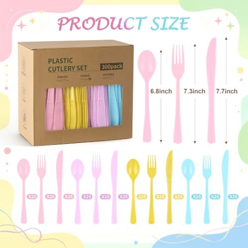 300Pcs Pastel Plastic Silverware Set, Full Size Disposable for Dinner