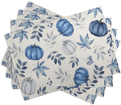 Blue Pumpkin Maple Leaves Fall Placemats Set of 4 Autumn Thanksgiving Harvest Linen Place Mat Non Slip Heat Resistant Washable Table Mats for Party Kitchen Dining Decoration