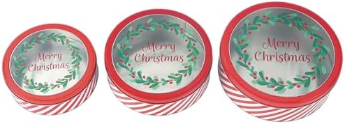 DAHO Christmas Holiday Cookie Tin Containers with Window, 3pc Nested Set, Holiday Cookie Tins with Lid for Gift Giving, Cookie, Treats, Cookies Party Favor and Gifts (Merry Christmas, Round Shape)