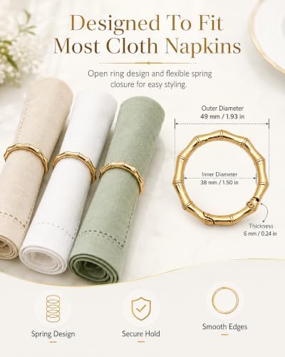 Gold Bamboo Napkin Rings Set of 12 for Weddings and Holiday Tables