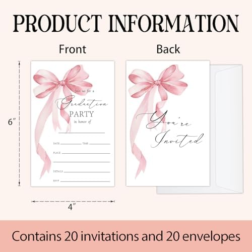 Pink bow Graduation Invitations 2026 with Envelopes - 20 Pack Class of 2026 Graduation Party Invitations, 4x6 Inch Fill-in Graduation Announcements for High School or College - A12