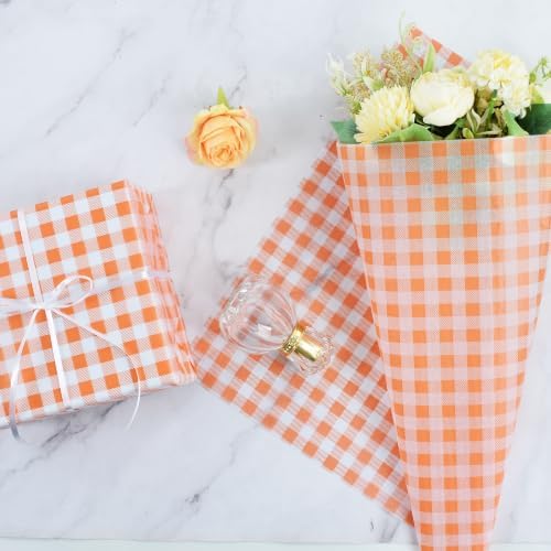 BEISHIDA Gingham Tissue Paper Bulk, Orange White Checkered Wrapping Tissue Paper for Gift Bags, 14 x 20 Inch Gift Wrap for Birthday Thanksgiving Fall DIY Crafts Decor Holiday Flowers,50 Sheets