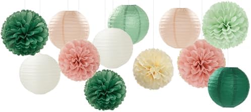 Sage-Green Pink Party-Decorations Paper-Flowers Lanterns - 15PCS Birthday Boho Rustic Tissue Pom Poms Streamers,Baby Shower Neutral Wedding Graduation Bridal Safari Hanging Supplies Decor Hugfond