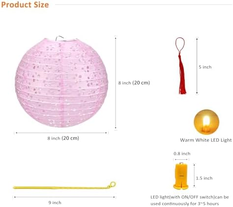 5Pack Paper Lanterns Chinese Japanese Hanging Paper Lanterns with LED Lights Sticks Tassels 8 Inch Round for Chinese Lunar New Year Party Decorations 2026 Spring Festival Wedding Asian Home Decor