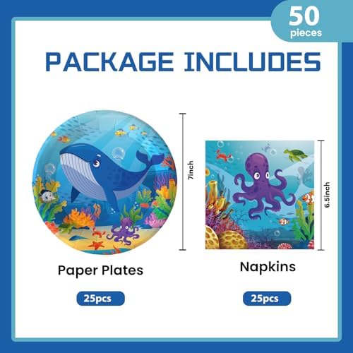 50Pcs Under the Sea Birthday Plates and Napkins Party Supplies, Disposable Ocean Theme Paper Plates Napkins Tableware Set for Sea Animal Party Decorations (Sea Animal)