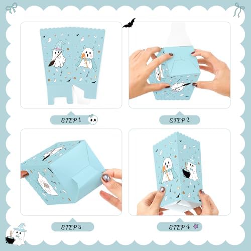 K KUMEED 24 PCS Halloween Popcorn Favor Boxes, Cute Ghost Popcorn Bowls, Blue
