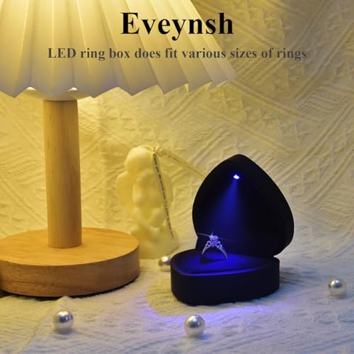 LED Lighted Ring Box, Heart Shaped Black Engagement Ring Case