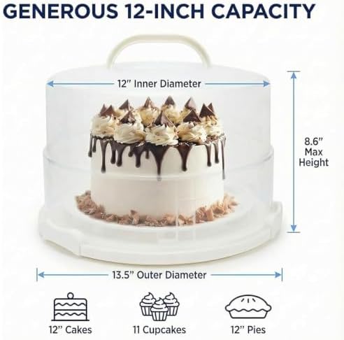 12 Inch Cake Carrier with Lid and Handle – Heavy-Duty Cake Container for Baking Events & Outdoor Trips | Adjustable Height,Portable Food Cake Carrier Storage Solution for Picnics & Camping