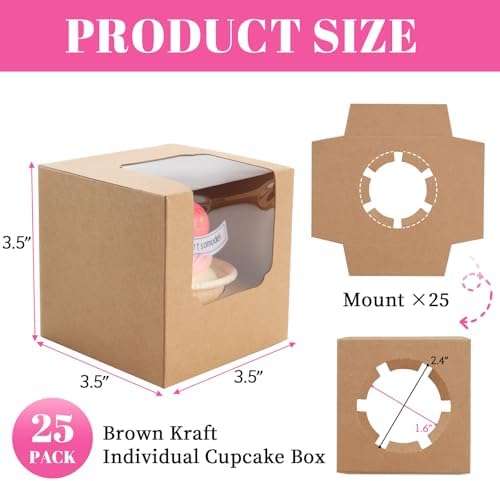 NPLUX 25 Pack Pre - Assembled Individual Cupcake Boxes Brown with Inserts
