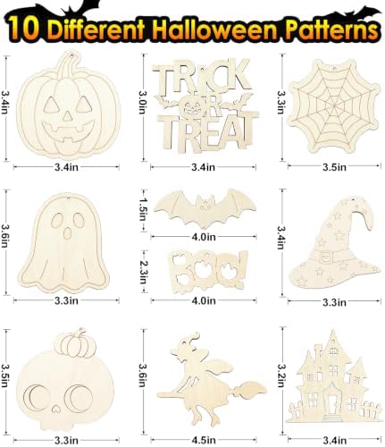 WOHOHOHO 45PCS 10 Designs Halloween Unfinished Paintable Blank with Tray