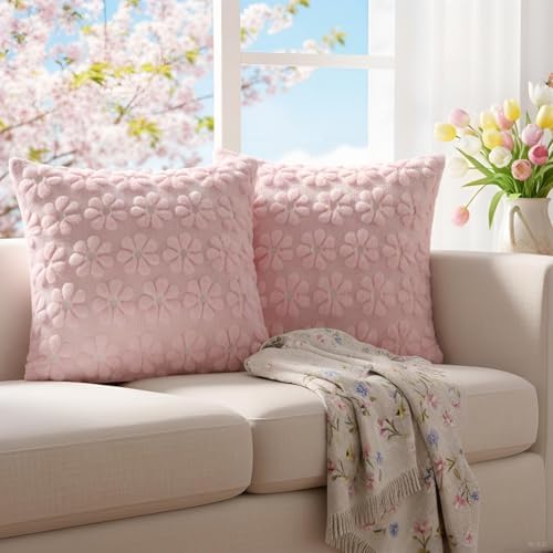 Softalker Spring Decorative Throw Pillow Covers 20 x 20 Inch Set of 2, Farmhouse Summer Floral Daisy Soft Faux Fur Cushion Covers, 3D Pillow Cases for Couch Bedroom Living Sofa Room Home Decor, Pink