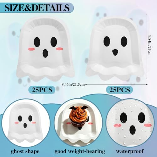 FOIMAS 50 Pcs Halloween Paper Plates, 9.84 Inch Cute Ghost Disposable Plates Spooky Boo Dessert Dinner Plate Tableware for Baby Shower Halloween Party Supplies Birthday Table Decor,White