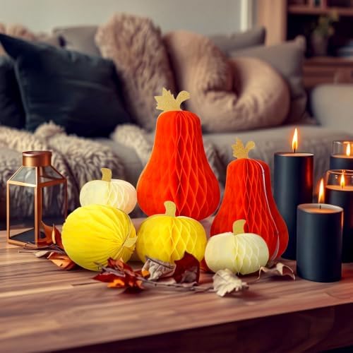 Fourluoo 6 Pcs Fall Table Centerpiece Pumpkin Decorations 3D Paper Pumpkin Honeycomb Standing for Autumn Harvest Party Kitchen Tabletop Home Decor