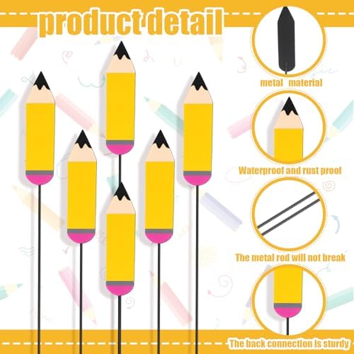 Pickmesh 6 Pcs 12" Back to School Decor Outdoot Metal Pencil Garden Stakes