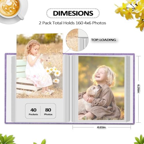 Popotop 2 Pack Photo Album 4x6 Pictures, Small Linen Slip-in Photo Albums Book for 80 Photos with 40 Pockets, Birthday Gifts for Women Mom Family Baby