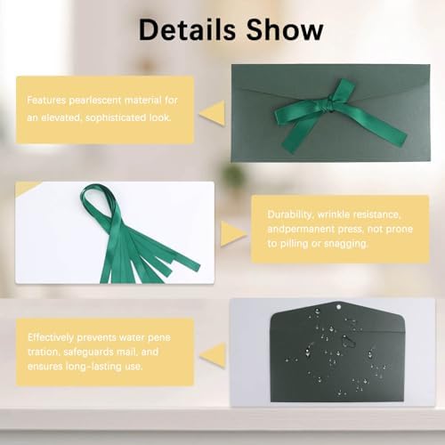20 Pack Pearlescent Green Decorative Envelopes with Ribbon Bow, 8x4 Inch Christmas Cash Gift Envelope, Greeting Invitation Envelope Classical Pure Set for Wedding Birthday Festival and Party
