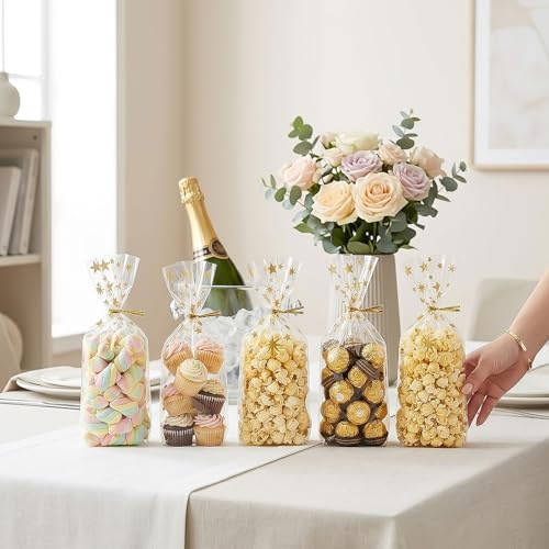 CCINEE 150 Pcs Cellophane Treat Bags, 5 X 11 Inches Gold Star Print Clear Gift Wrap Candy Bags Goodie Bags with Twist Ties for Wedding, Birthday Party Favors, Bakery, and Gift Packaging