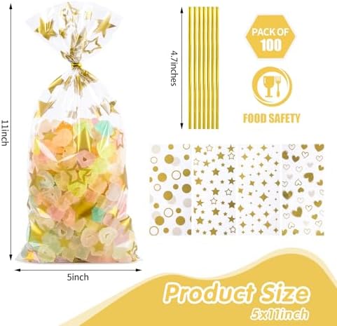 COQOFA 100 Pcs Gold 5"X11" Gift Wrap Cellophane Treat Bags Clear Party Favor Candy Cookie Bags Plastic Goodie Storage Bag with Twist Ties for Birthday, Wedding,Party Decorations(4 Patterns)