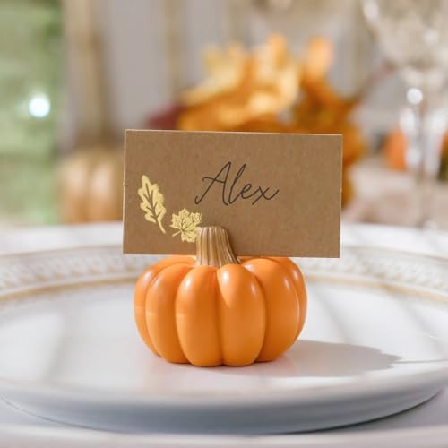 Kate Aspen 12pcs Fall Decor Orange Pumpkin Place Card Holder, Place Settings for Thanksgiving Table Decor, Fall Themed Weddings, Bridal Brunches (Place Cards Included)