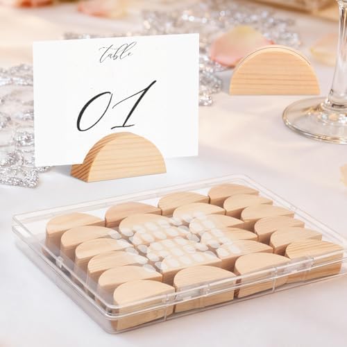 24Pcs Wood Table Number Stands, Wood Place Card Holders Include Traceless Adhesive Stickers, Semicircular Design Place Card Holders for Wedding, Ceremony, Birthday, Party, Events