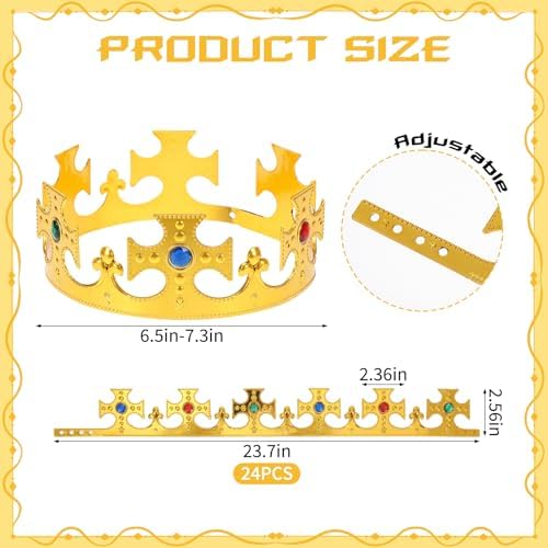 Rainmae 24 Pcs King Crown Gold Adjustable Party Royal Costume Jeweled Prince Crown Plastic Crown for Birthday Party Cosplay Halloween Photo Booth Accessories