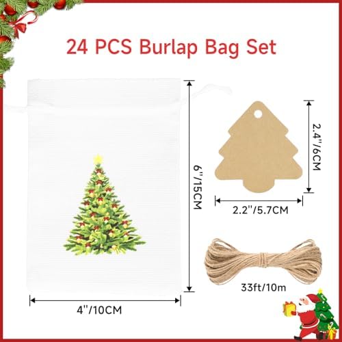 G2PLUS 24Pcs Christmas Drawstring Burlap Gift Bags - 4X6 In Christmas Advent Calendar Bags, 4 Design Xmas Tree Burlap Bag, White Treat Goody Bag for Xmas Holiday Party Favors