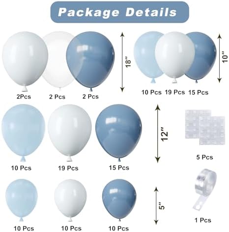 Dusty Blue Balloons Arch Kit, 124pcs Blue White Balloons