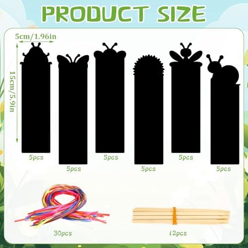 JUNEBRUSHS Spring Scratch Bookmarks, 30PCS Crafts for Kids DIY Rainbow Scratch Art, Spring Activities for Kids Art Project with 6 Designs, 30 Strings and 12 Sticks