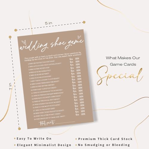 Bridal Shower Games Cards - Wedding Shoe Game for 25 Guests, Engagement Party Games, Minimalist Brown Party Supplies - D04