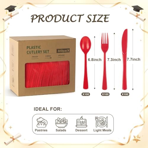 300Pcs Red Plastic Silverware Set, Full Size Disposable for Dinner