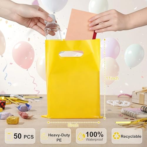 VieFantaisie 50 PCS Yellow Party Favor Bags, 8" x 11" Goodie Bags for Candy Treat Craft Easter Egg, Plastic Gift Bag with Die Cut Handles for Birthday Party, School Events & Small Business, Wedding