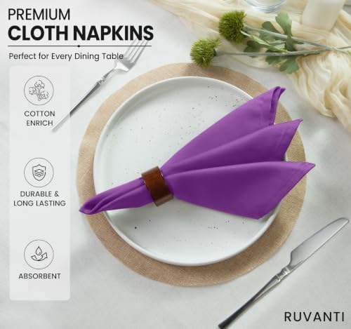 Ruvanti Cloth Napkins Set of 12, Cotton Enrich 18”x18” - Purple