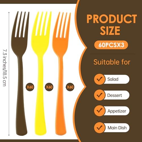 Kochorie 180 Pcs Fall Plastic Forks Thanksgiving Disposable Silverware Heavy Duty Plastic Cutlery Set Heat Resistant Utensils Flatware for Birthday Thanksgiving Party Supplies, Yellow, Orange, Brown