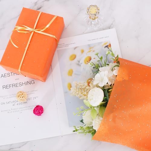 BEISHIDA 50 Sheets Orange Glitter Tissue Paper Bulk, Glitter Tissue Wrapping Paper for Gift Bags, 14 x 20 Inch Gift Wrap for Birthday Wedding Graduation DIY Crafts Holiday Flowers
