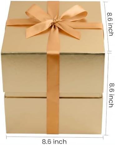 LIFELUM Gold Gift Box for Birthday with Magnetic Lid, 8.6"x8.6"x8.6"