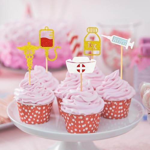 28 PCS Nurse Cupcake Toppers, Glitter Nurses Week Cupcake Picks, Nursing School Graduation Food Picks Cupcake Toppers Cake Decorations for National Nurse Day Nursing Graduation Congrats Party Supplies