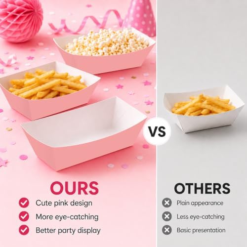 100 Pcs Pink Paper Food Trays, Pre-Folded Disposable Snack Boats for Popcorn, Candy, Fries, Nachos, Desserts and Snacks, Pink Party Supplies for Birthday, Baby Shower, Dessert Table