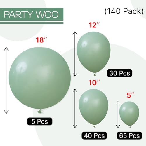 PartyWoo Sage Green Balloons 140pcs Olive Eucalyptus Dusty Green Boho Color